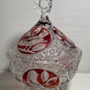 Hofbauer Byrdes Crystal Candy Dish With Lid Red Etched Bird Design 7" Tall
